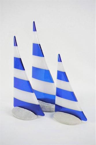 Blue and white fused glass pebble yacht boat